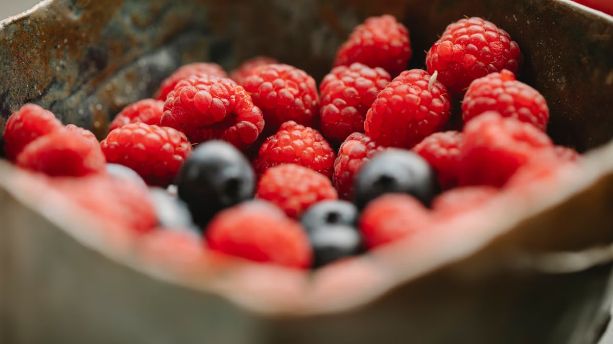 From above of appetizing fresh ripe juicy tasty and healthy little blueberries and raspberries in metal bowl